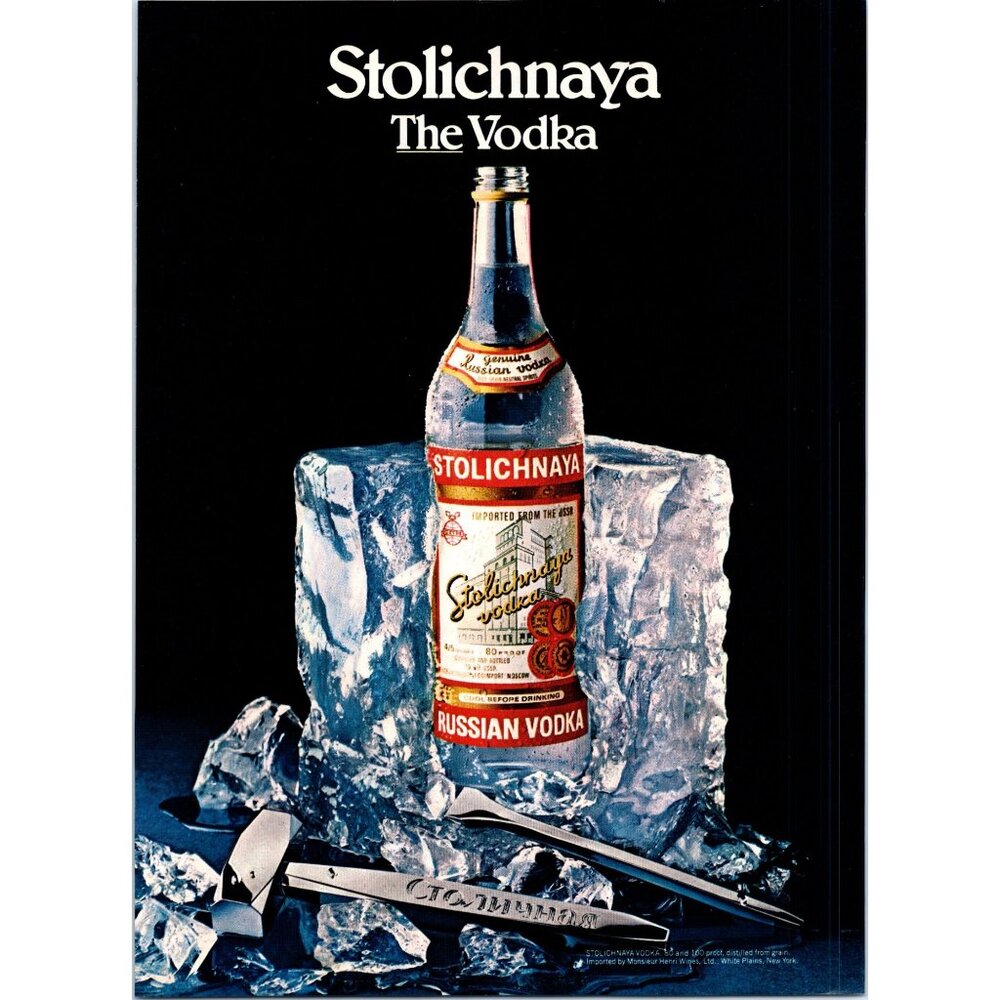 1981 Stolichnaya The Vodka Vintage Print Ad Ice Block Hammer Pick Bar Wall Art